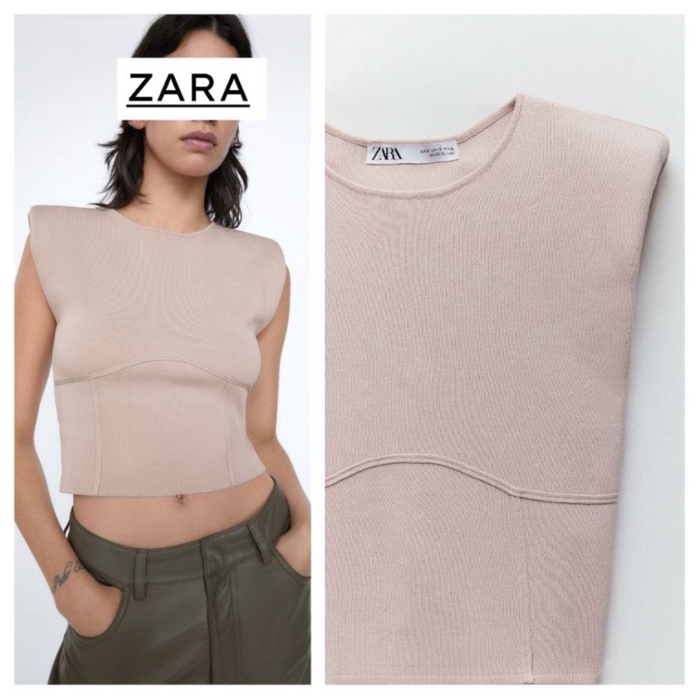 Zara pale pink knit top with shoulder pads.